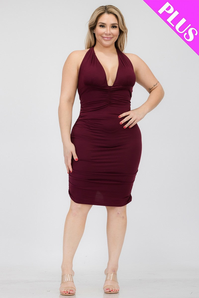 Plus Plunging Neck Crisscross Back Ruched Bodycon Mini Dress | us.meeeshop