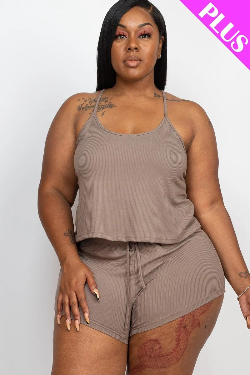Plus Ribbed Strappy Top And Shorts Set | us.meeeshop