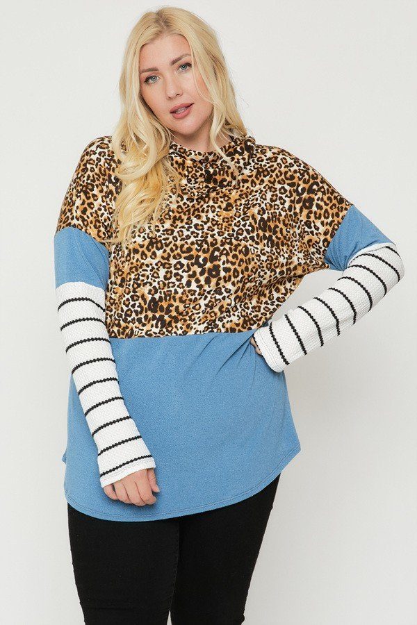 Plus Size Color Block Hoodie Featuring A Cheetah Print | us.meeeshop