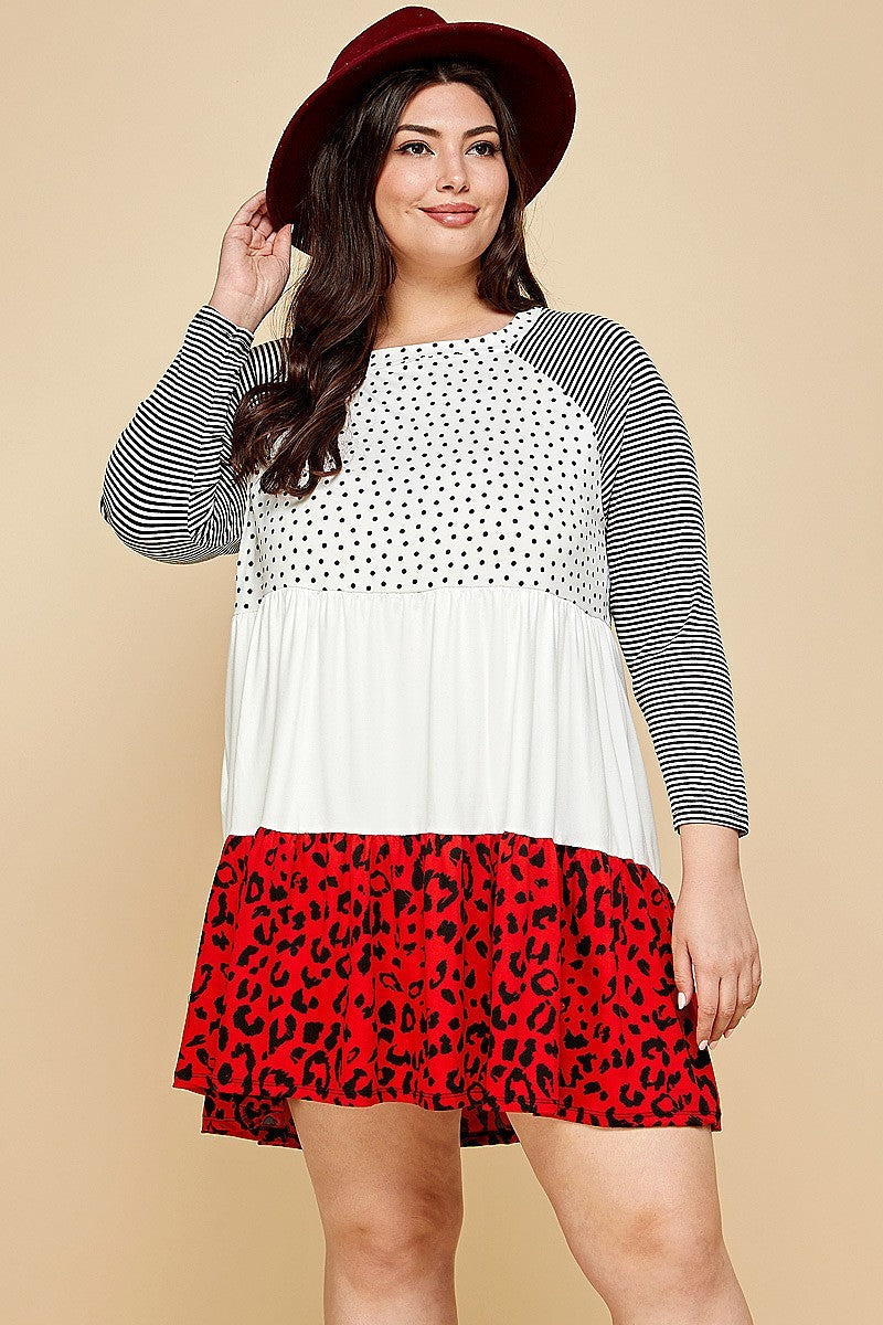 Plus Size Cute Polka Dot And Animal Print Contrast Swing Tiered Dress | us.meeeshop