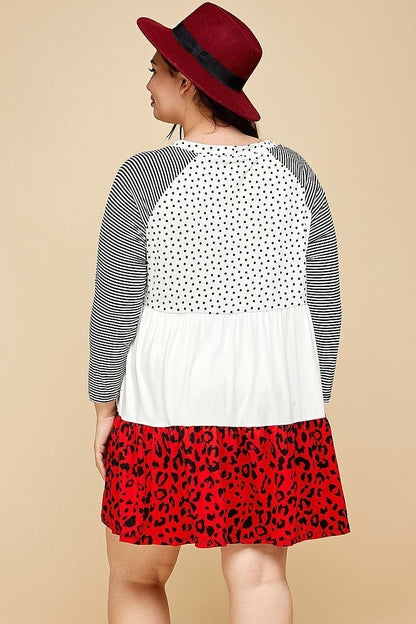 Plus Size Cute Polka Dot And Animal Print Contrast Swing Tiered Dress | us.meeeshop