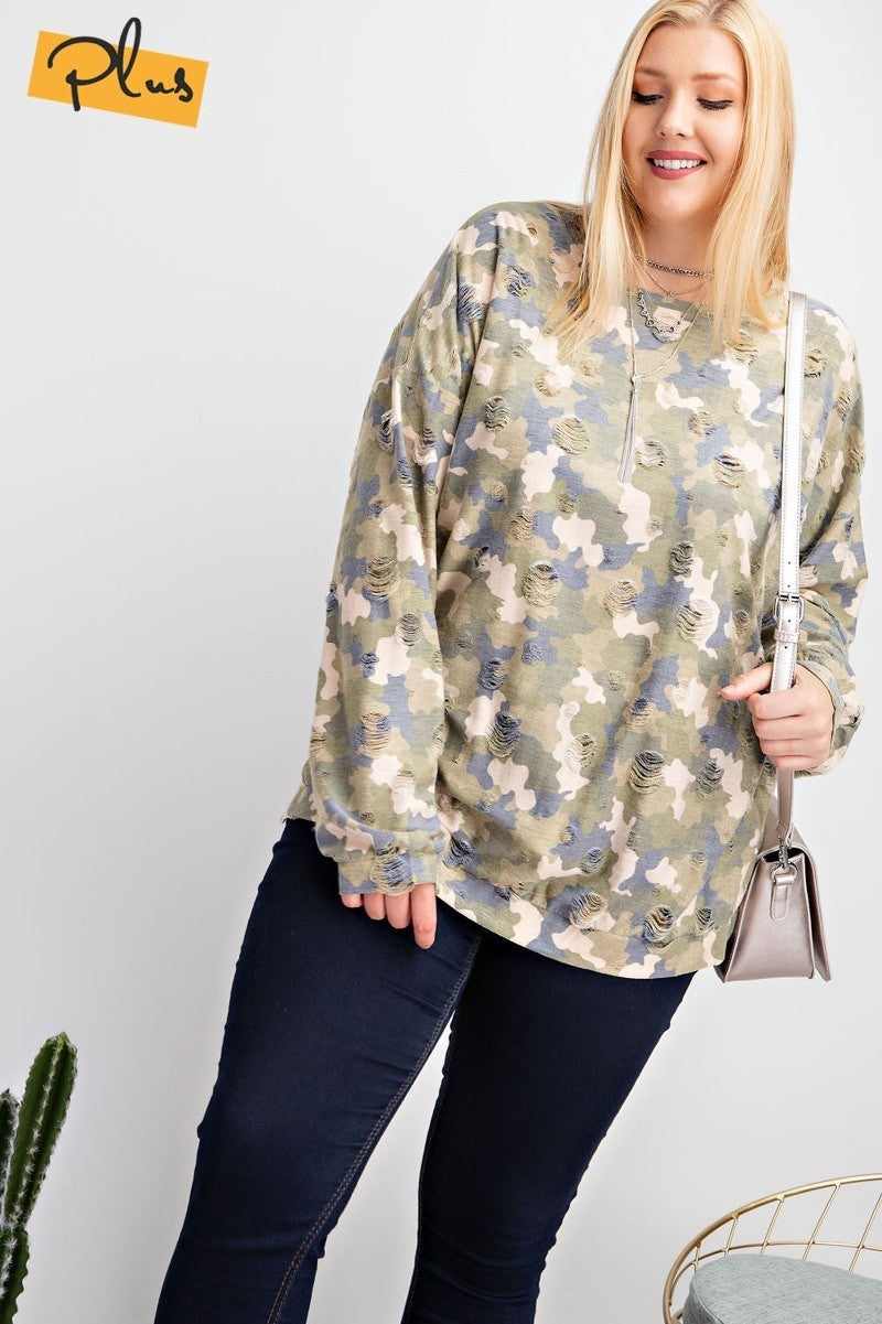 Plus Size Long Sleeve Distressed Printed Rayon Pullover Top | us.meeeshop