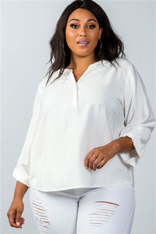 Plus Size Oatmeal Stand-up Collar Roll Tab Sleeve Blouse | us.meeeshop