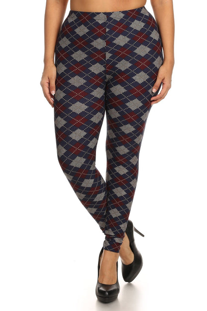 Plus Size Plaid Graphic Printed Knit Legging With Elastic Waist Detail | us.meeeshop