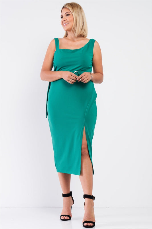 Plus Sleeveless Asymmetrical Shoulder Front Slit Detail Belted Dress | us.meeeshop