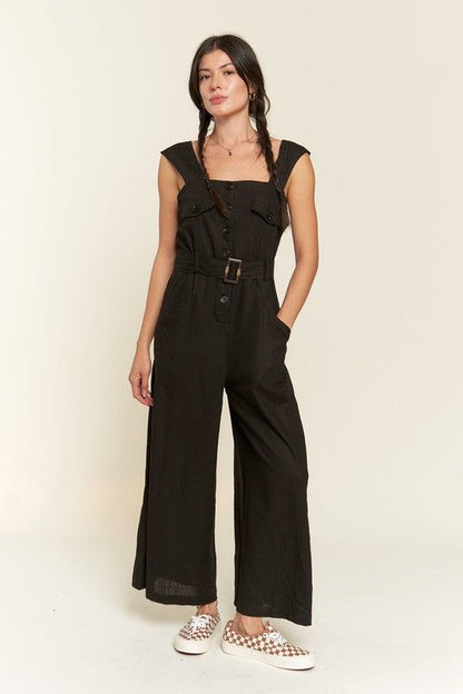 Plus Sleeveless Square Neck Button Ankle Jumpsuit us.meeeshop - Jumpsuits & Rompers