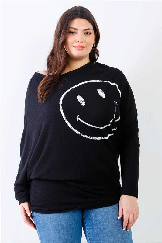Plus Smile Front Print Flannel Dolman Sleeve Top | us.meeeshop