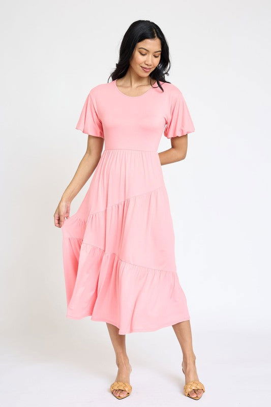 Plus Solid Diagonal Tiered Flowy Dress us.meeeshop - Dresses