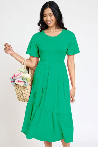 Plus Solid Diagonal Tiered Flowy Dress us.meeeshop - 