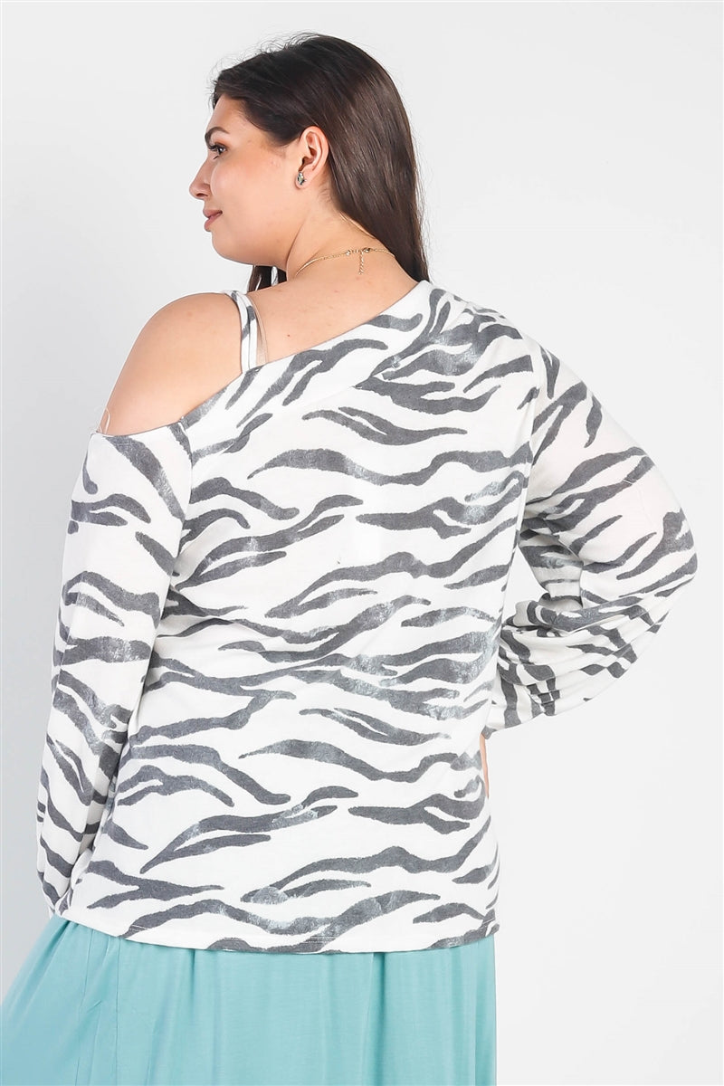Plus White & Charcoal Zebra Flannel Cold Shoulder Long Sleeve Top | us.meeeshop