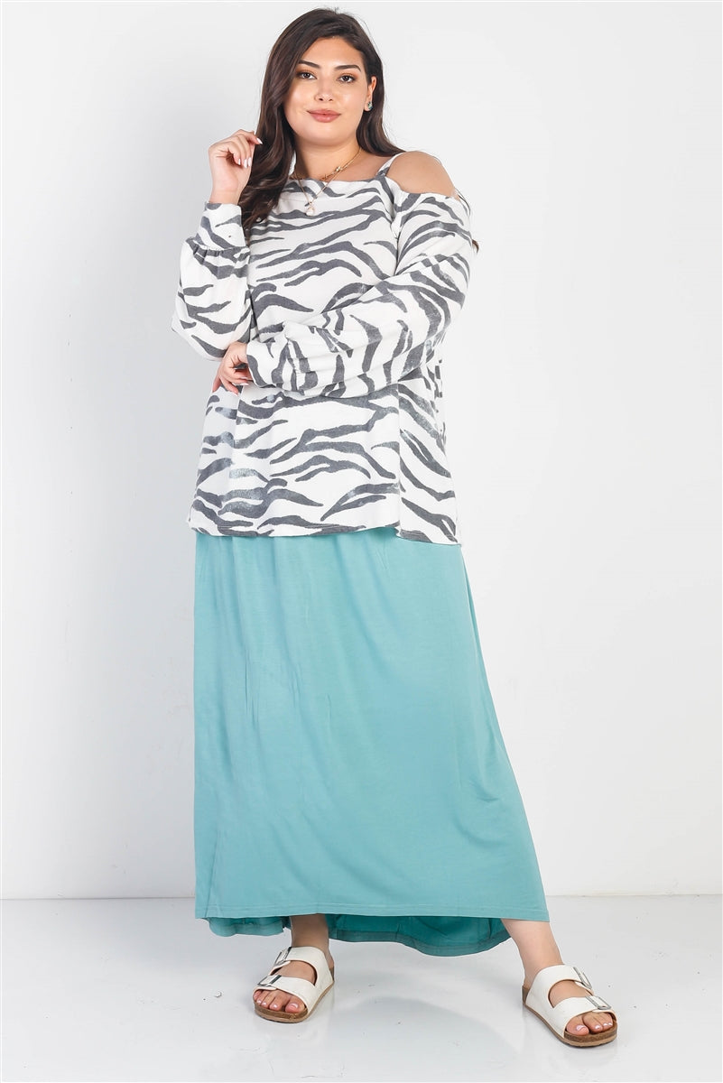 Plus White & Charcoal Zebra Flannel Cold Shoulder Long Sleeve Top | us.meeeshop