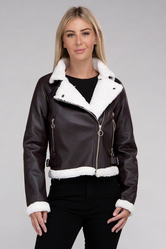 Plush Teddy Trimmed PU Jacket - us.meeeshop