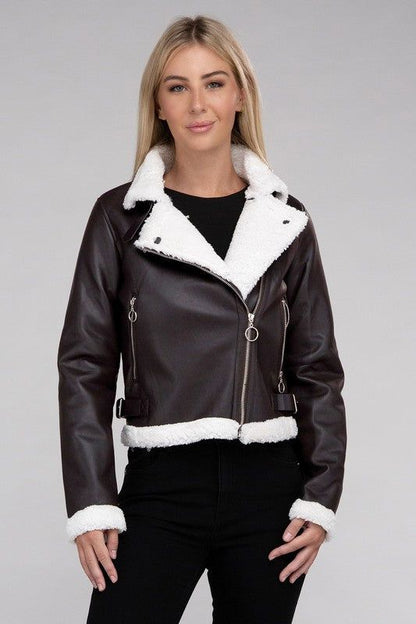 Plush Teddy Trimmed PU Jacket - us.meeeshop