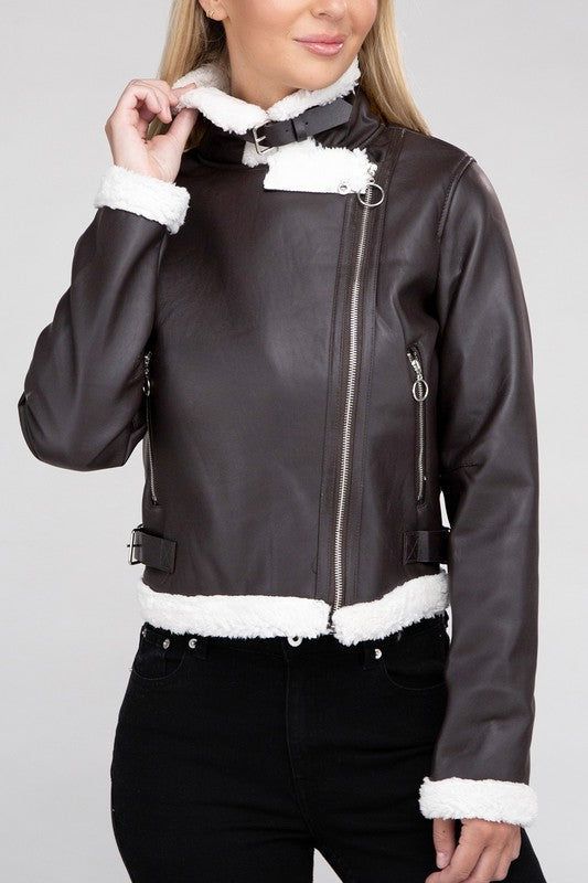 Plush Teddy Trimmed PU Jacket - us.meeeshop