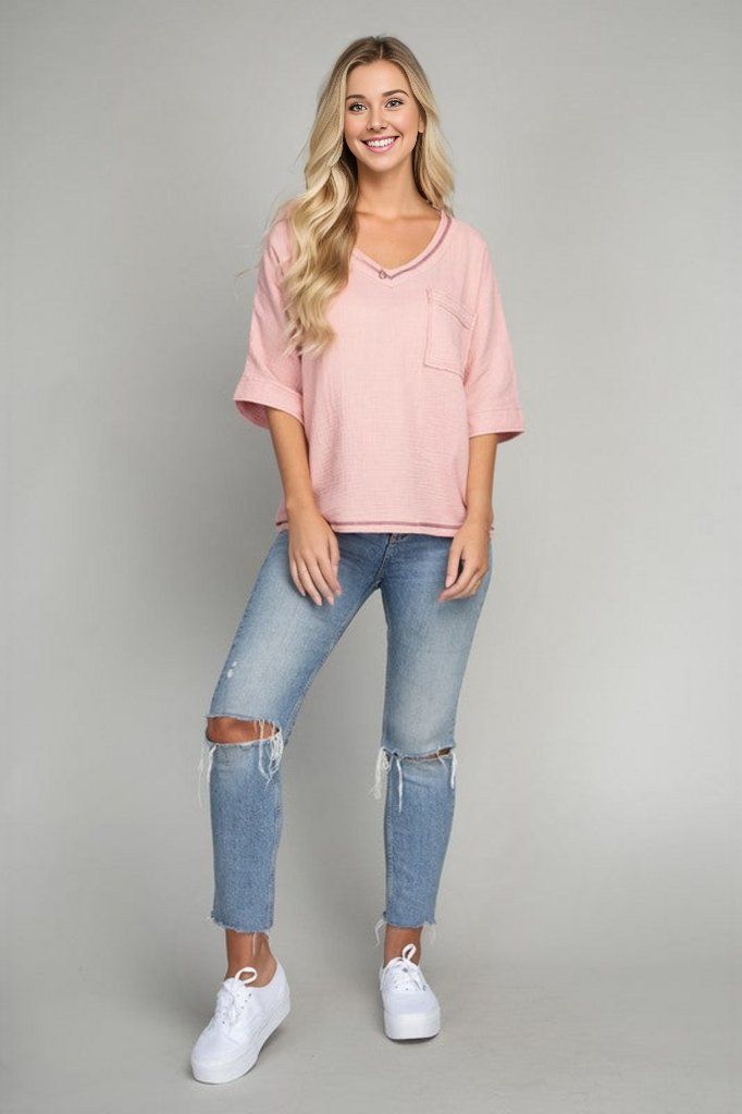 Pocket v neck top with contrast stitch us.meeeshop - Shirts & Tops