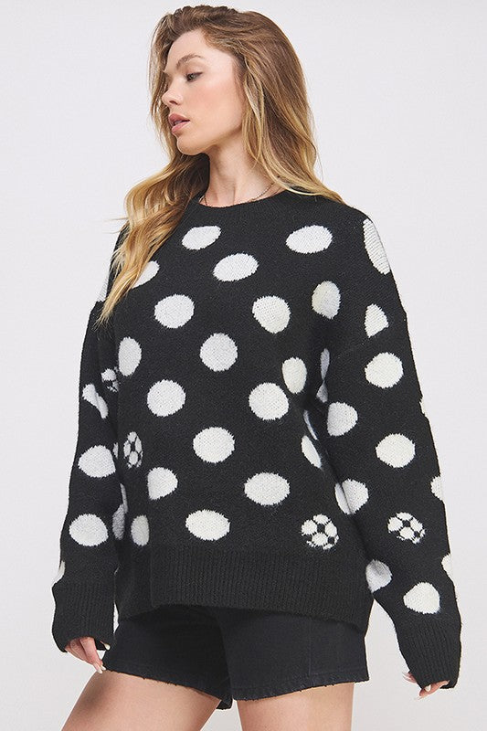 Polka Dot/Soccer Ball Long Sleeve Knit Sweater us.meeeshop - 