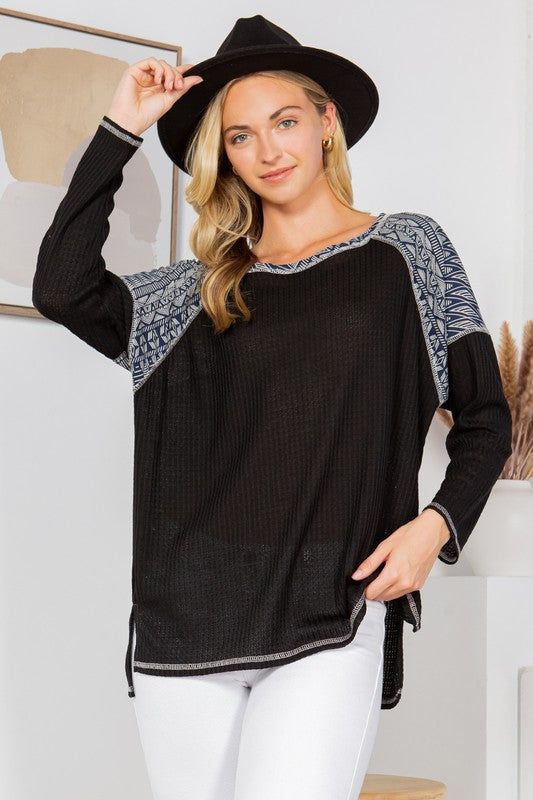 Print Contrast Waffle Top - us.meeeshop