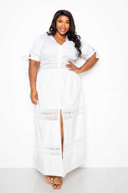 Puff Sleeve Maxi Dress With Lace Insert | us.meeeshop