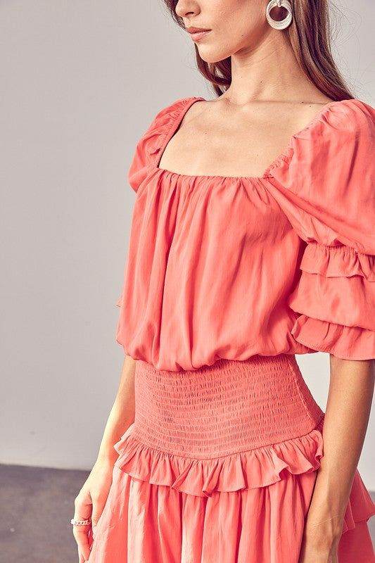 Puff Sleeve Smocked Waist Romper - us.meeeshop