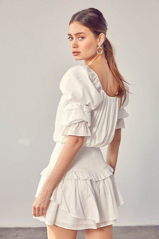 Puff Sleeve Smocked Waist Romper - us.meeeshop