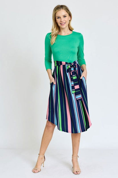 Quarter Sleeve Multi Stripe Sash Midi Dress us.meeeshop - 