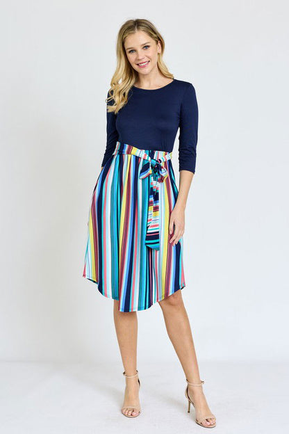 Quarter Sleeve Multi Stripe Sash Midi Dress us.meeeshop - 