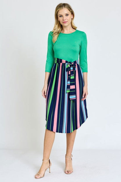 Quarter Sleeve Multi Stripe Sash Midi Dress us.meeeshop - 