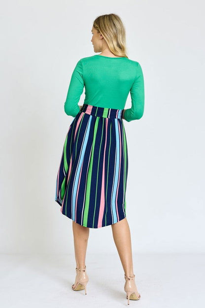 Quarter Sleeve Multi Stripe Sash Midi Dress us.meeeshop - 