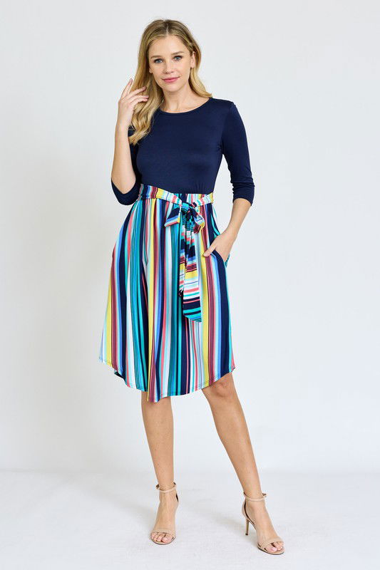 Quarter Sleeve Multi Stripe Sash Midi Dress us.meeeshop - 