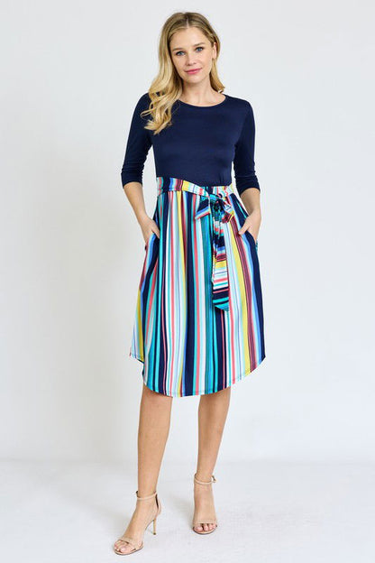 Quarter Sleeve Multi Stripe Sash Midi Dress us.meeeshop - 