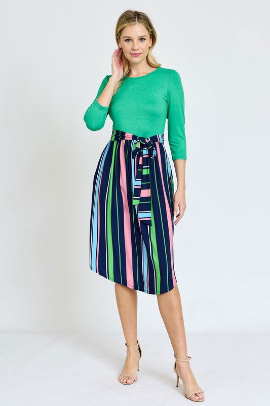 Quarter Sleeve Multi Stripe Sash Midi Dress us.meeeshop - 