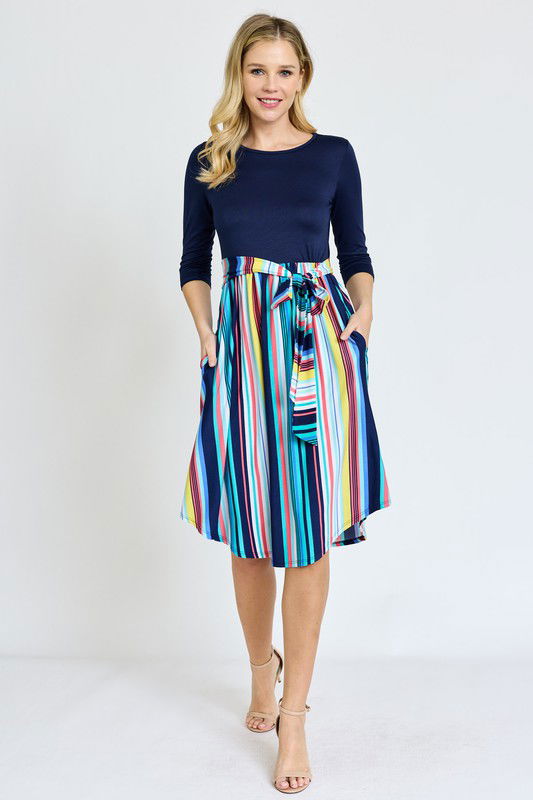 Quarter Sleeve Multi Stripe Sash Midi Dress us.meeeshop - Dresses