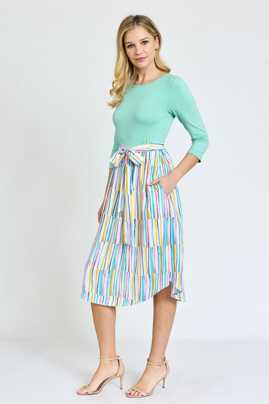 Quarter Sleeve Stripe Sash Midi Dress us.meeeshop - 