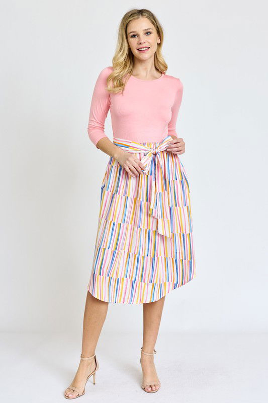 Quarter Sleeve Stripe Sash Midi Dress us.meeeshop - 