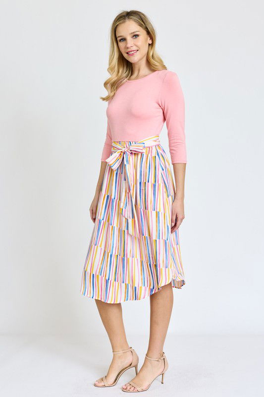 Quarter Sleeve Stripe Sash Midi Dress us.meeeshop - Dresses