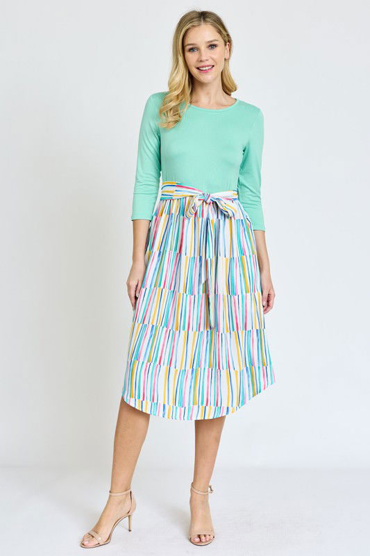 Quarter Sleeve Stripe Sash Midi Dress us.meeeshop - 