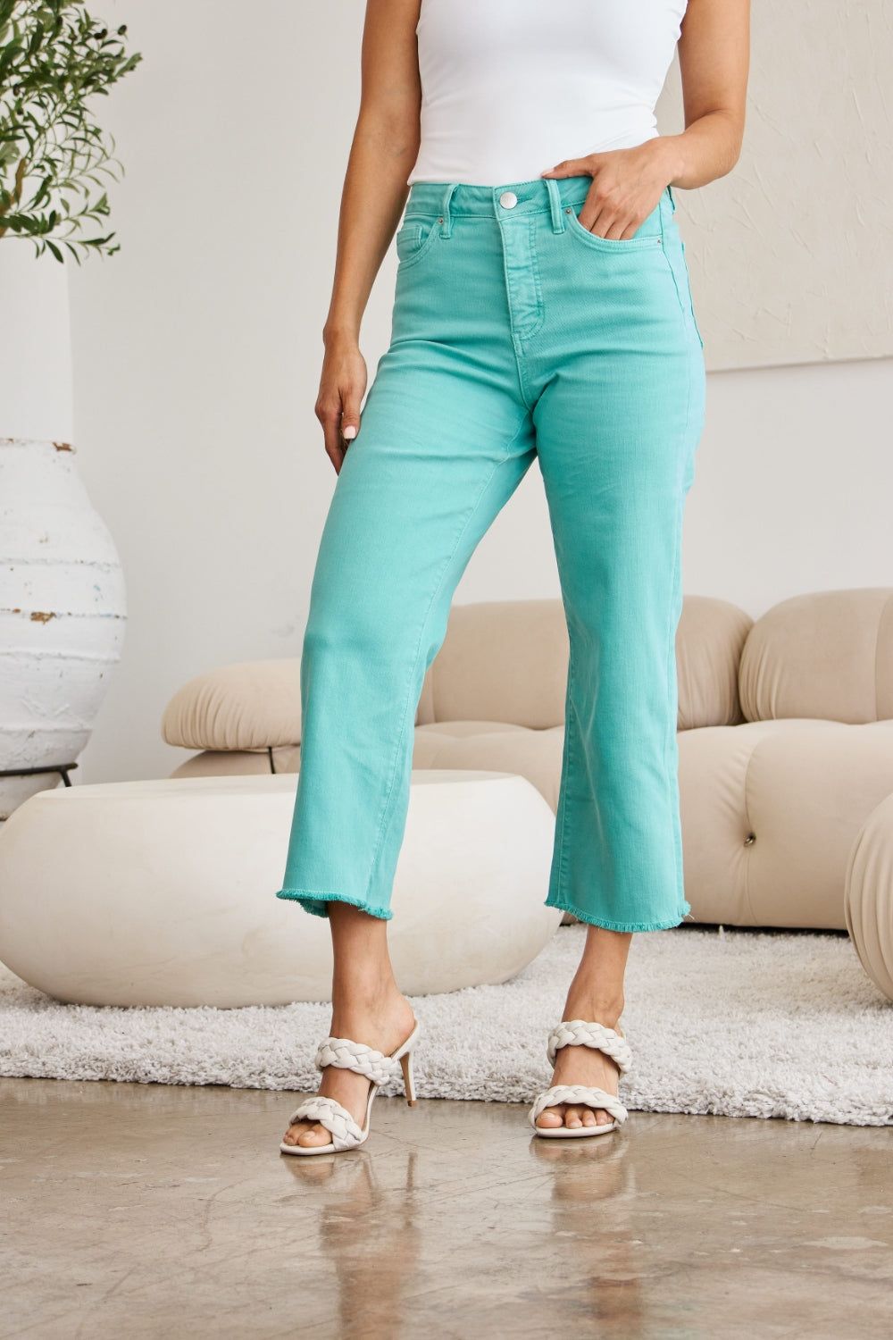 RFM Crop Chloe Full Size Tummy Control High Waist Raw Hem Jeans us.meeeshop - 