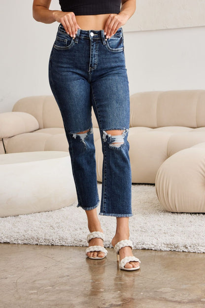 RFM Crop Dylan Full Size Tummy Control Distressed High Waist Raw Hem Jeans us.meeeshop - 