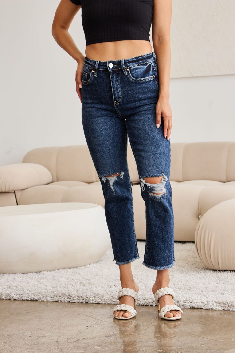 RFM Crop Dylan Full Size Tummy Control Distressed High Waist Raw Hem Jeans us.meeeshop - 