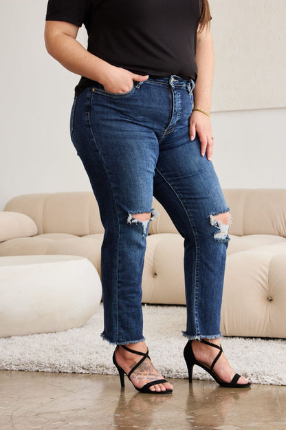 RFM Crop Dylan Full Size Tummy Control Distressed High Waist Raw Hem Jeans us.meeeshop - 