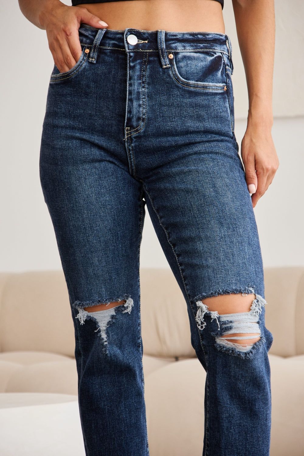 RFM Crop Dylan Full Size Tummy Control Distressed High Waist Raw Hem Jeans us.meeeshop - 