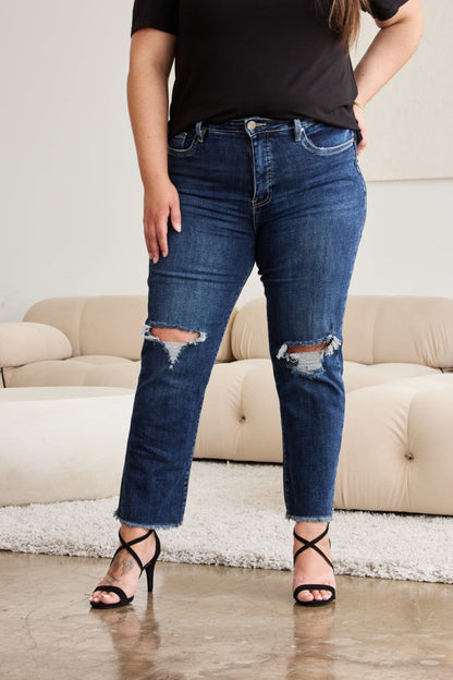 RFM Crop Dylan Full Size Tummy Control Distressed High Waist Raw Hem Jeans us.meeeshop - 