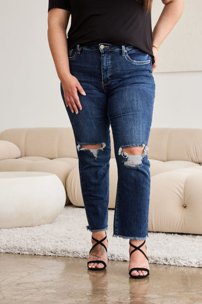 RFM Crop Dylan Full Size Tummy Control Distressed High Waist Raw Hem Jeans us.meeeshop - 