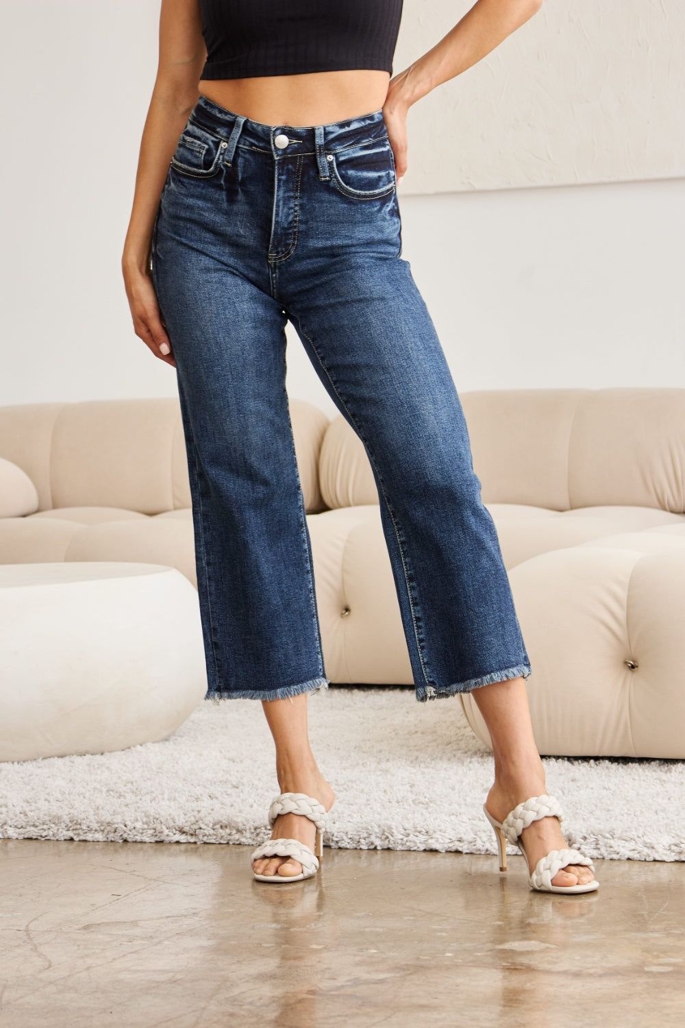 RFM Full Size Tummy Control High Waist Raw Hem Jeans us.meeeshop - 