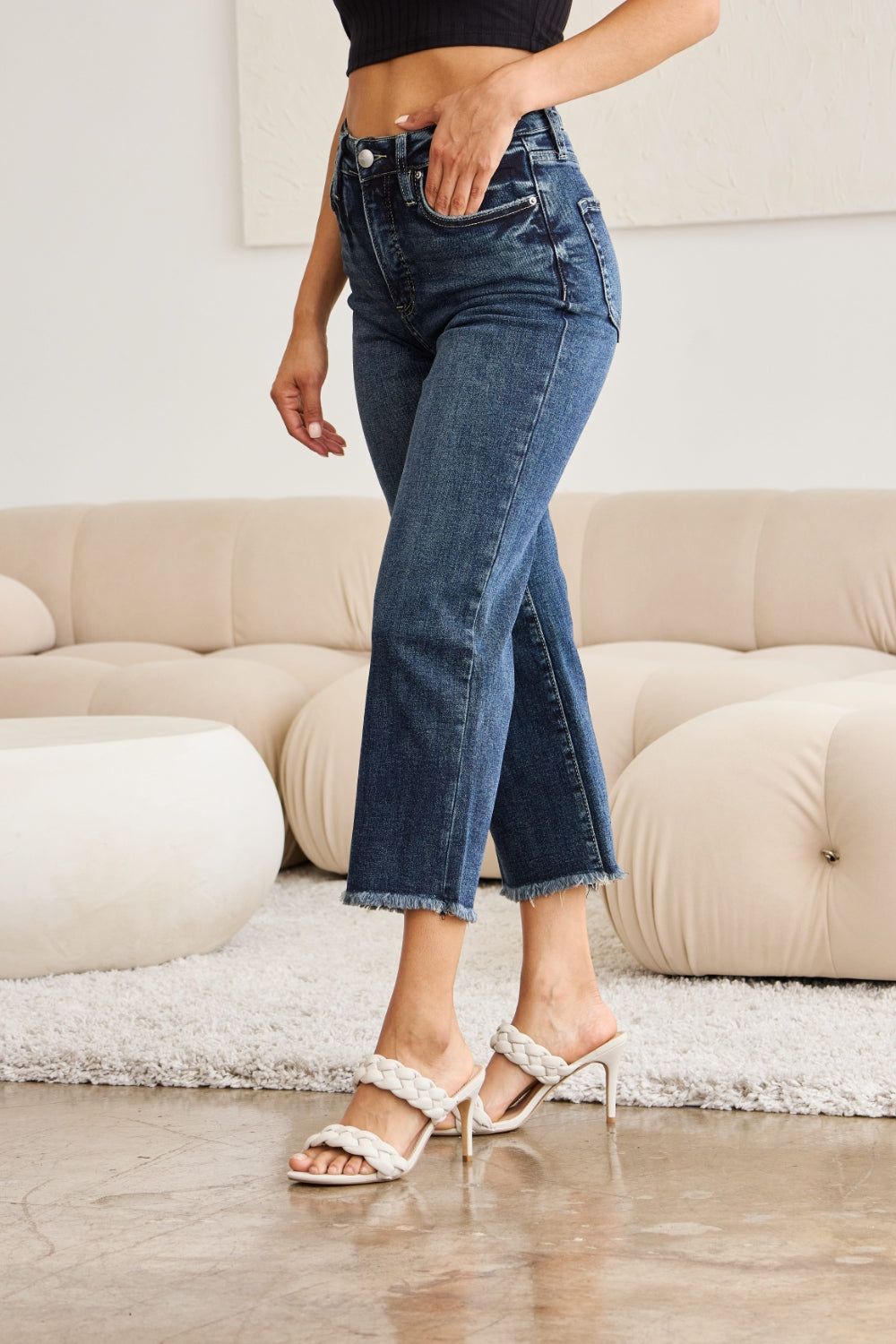 RFM Full Size Tummy Control High Waist Raw Hem Jeans us.meeeshop - 