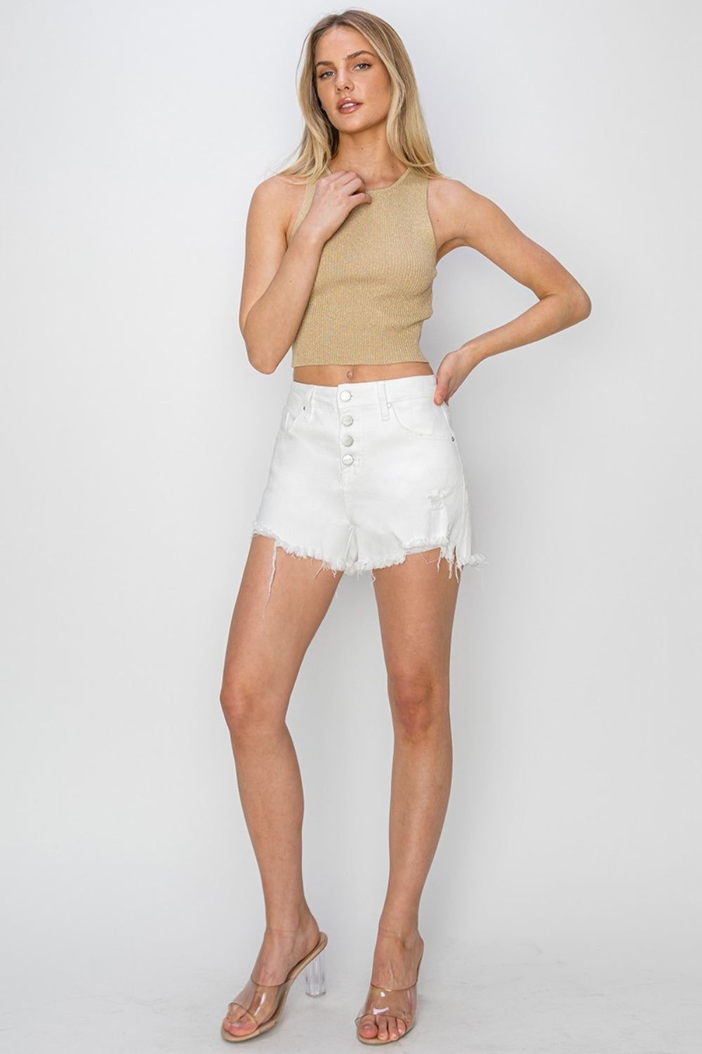 RISEN Button Fly Frayed Hem Denim Shorts us.meeeshop - 