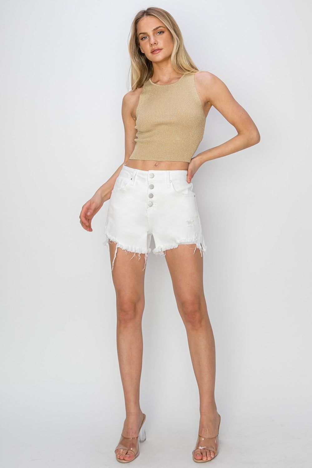 RISEN Button Fly Frayed Hem Denim Shorts us.meeeshop - 