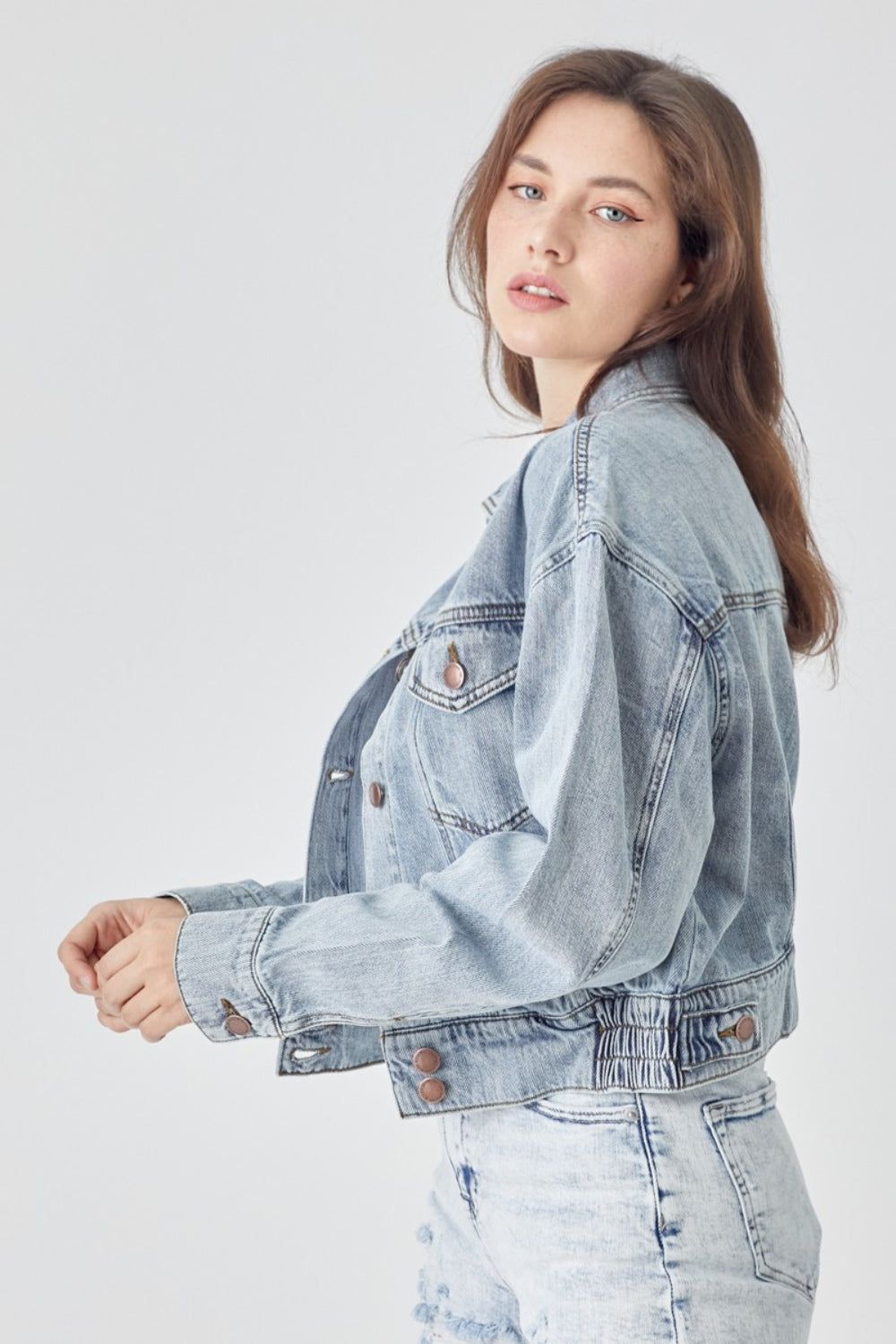 RISEN Full Size Button Down Cropped Denim Jacket us.meeeshop - 