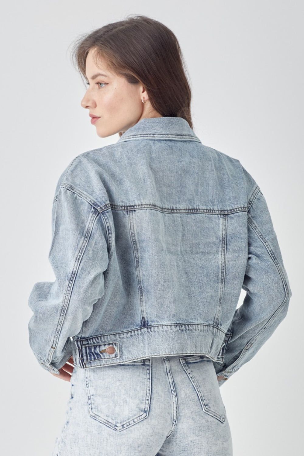 RISEN Full Size Button Down Cropped Denim Jacket us.meeeshop - 