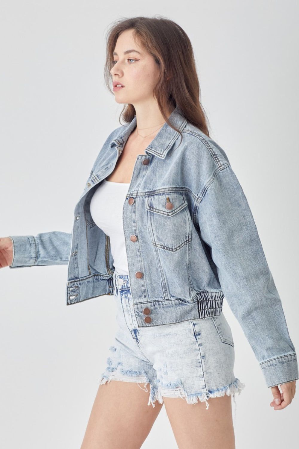 RISEN Full Size Button Down Cropped Denim Jacket us.meeeshop - 